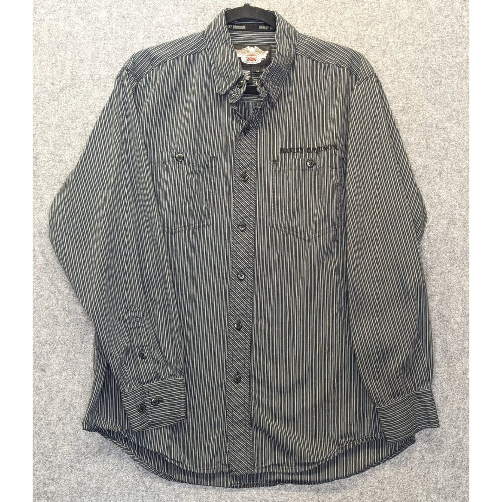 Harley-Davidson Men’s Medium Long Sleeve Button Up Gray Striped Biker Logo Shirt